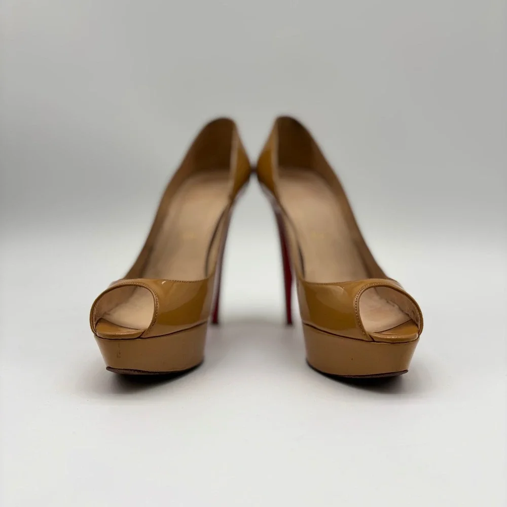 Christian Louboutin Lady Peep 150 Patent Leather Platform Pumps Tan Camel 38.5